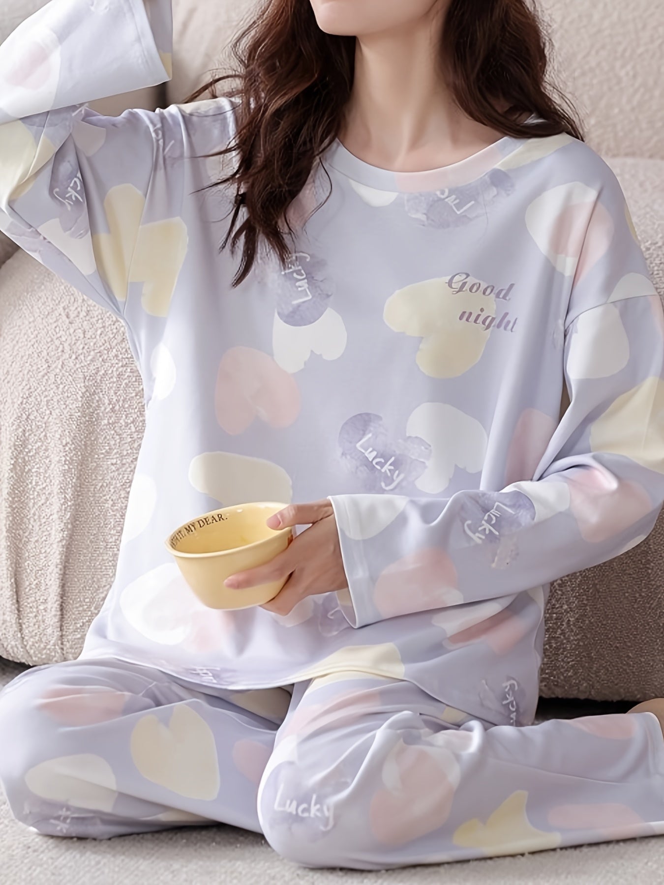 Heart Print Pajama Set Long Sleeve Crew Neck Top & Elastic Waistband Pants