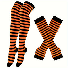 Striped Arm Sleeve Gloves & Thigh High Socks Set for Cosplay & Parties