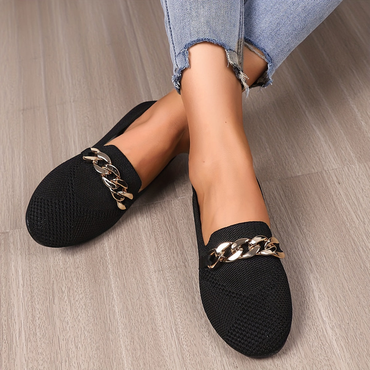Women's Knitted Flat Loafers with Chain Decor Soft Sole Slip On Shoes
