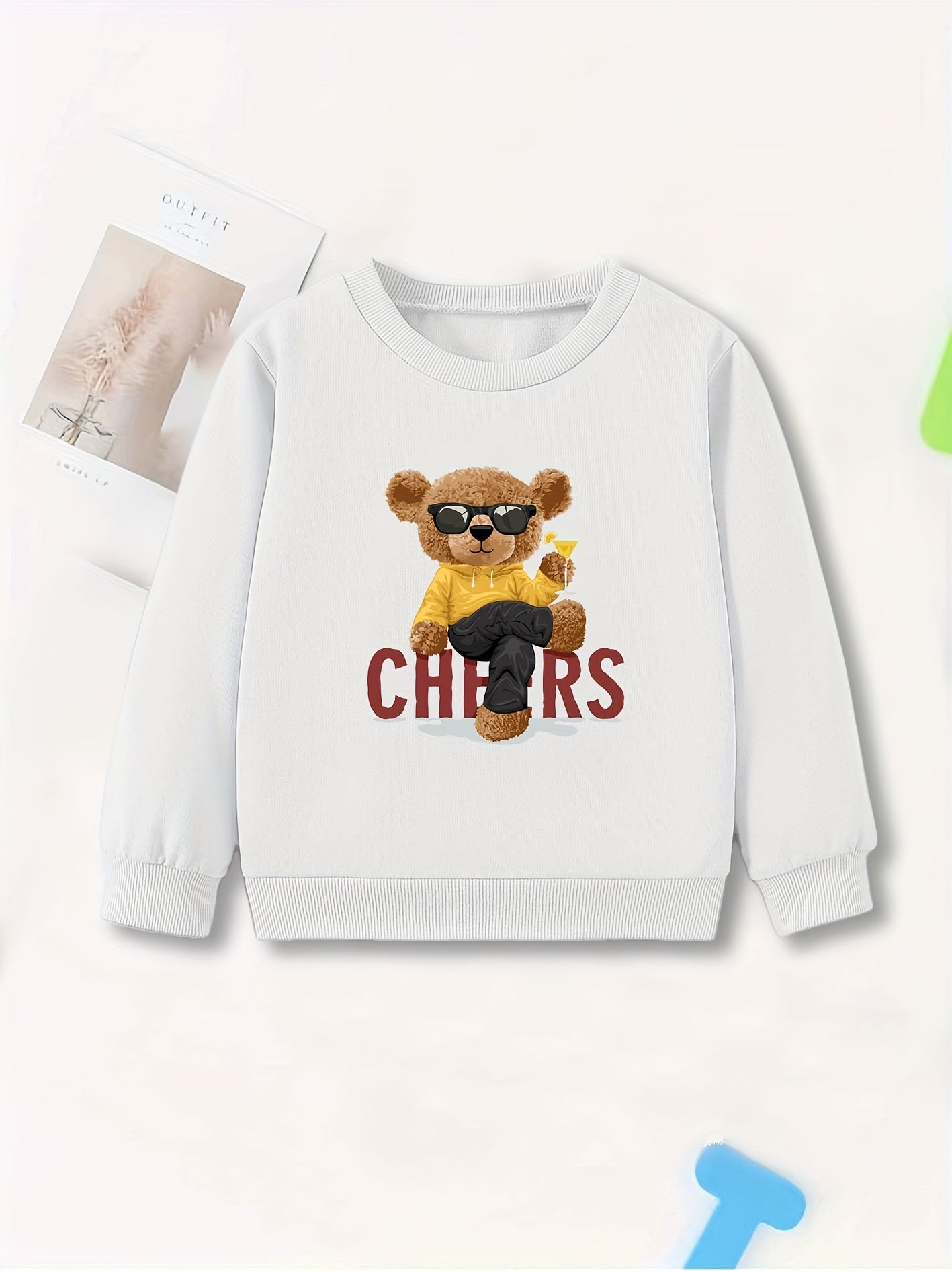 Girls Sweatshirt Cheer Bear Print Comfort Fit Long Sleeve Top Pullovers