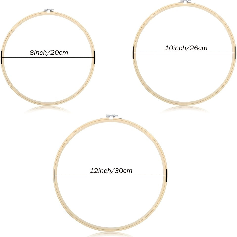 3pcs Large Bamboo Embroidery Hoop Set 8, 10, 12 - Adjustable Cross Stitch Hoops