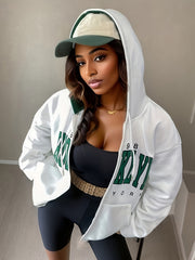 Letter Print Zip Up Hoodie Casual Long Sleeve Hoodies Sweatshirt Women
