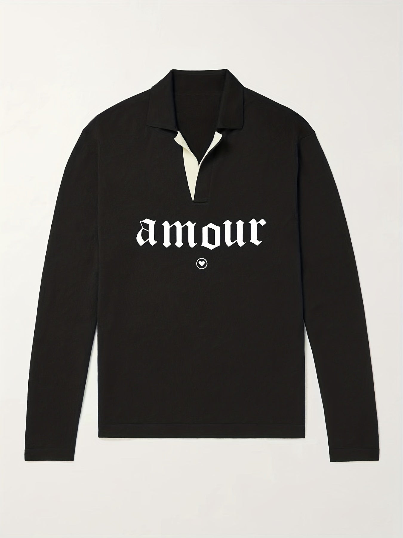 Amour Pattern Knit Polo Shirt Men's Casual Lapel Stretch V Neck Pullover Sweater