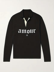 Amour Pattern Knit Polo Shirt Men's Casual Lapel Stretch V Neck Pullover Sweater