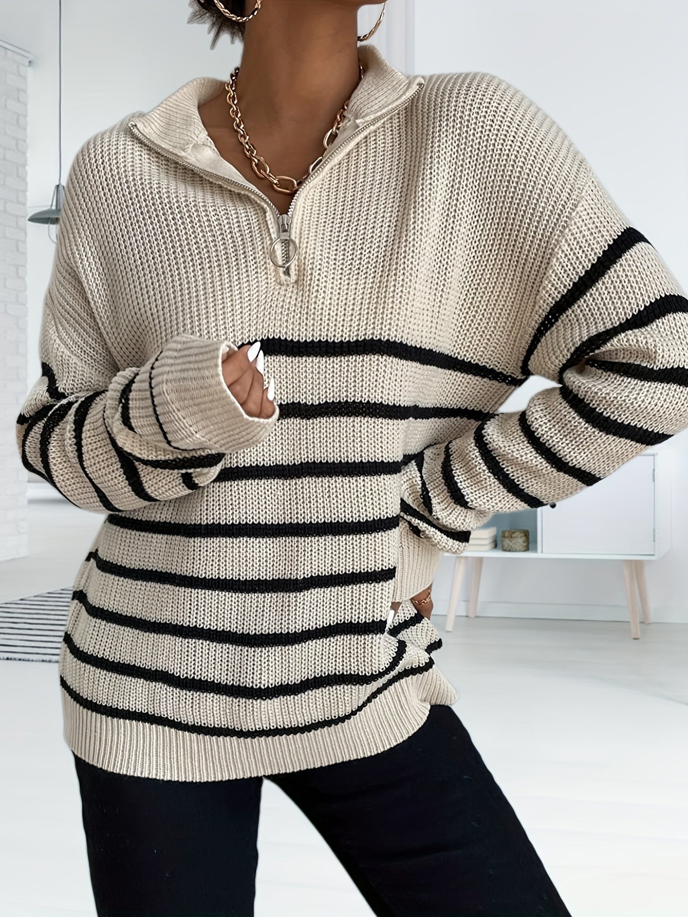 Striped Print Knit Sweater Long Sleeve Women's Clothing
