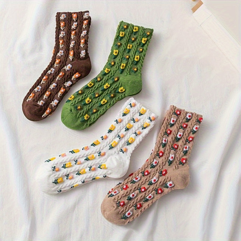 4 Pairs 3D Floral Textured Socks Women's Stockings & Hosiery