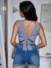Plaid Crop Tank Top Backless Tied Tank Top