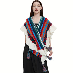 Boho Striped Large Shawl Classic Tassel Wrap Cape Ruffles Cardigan