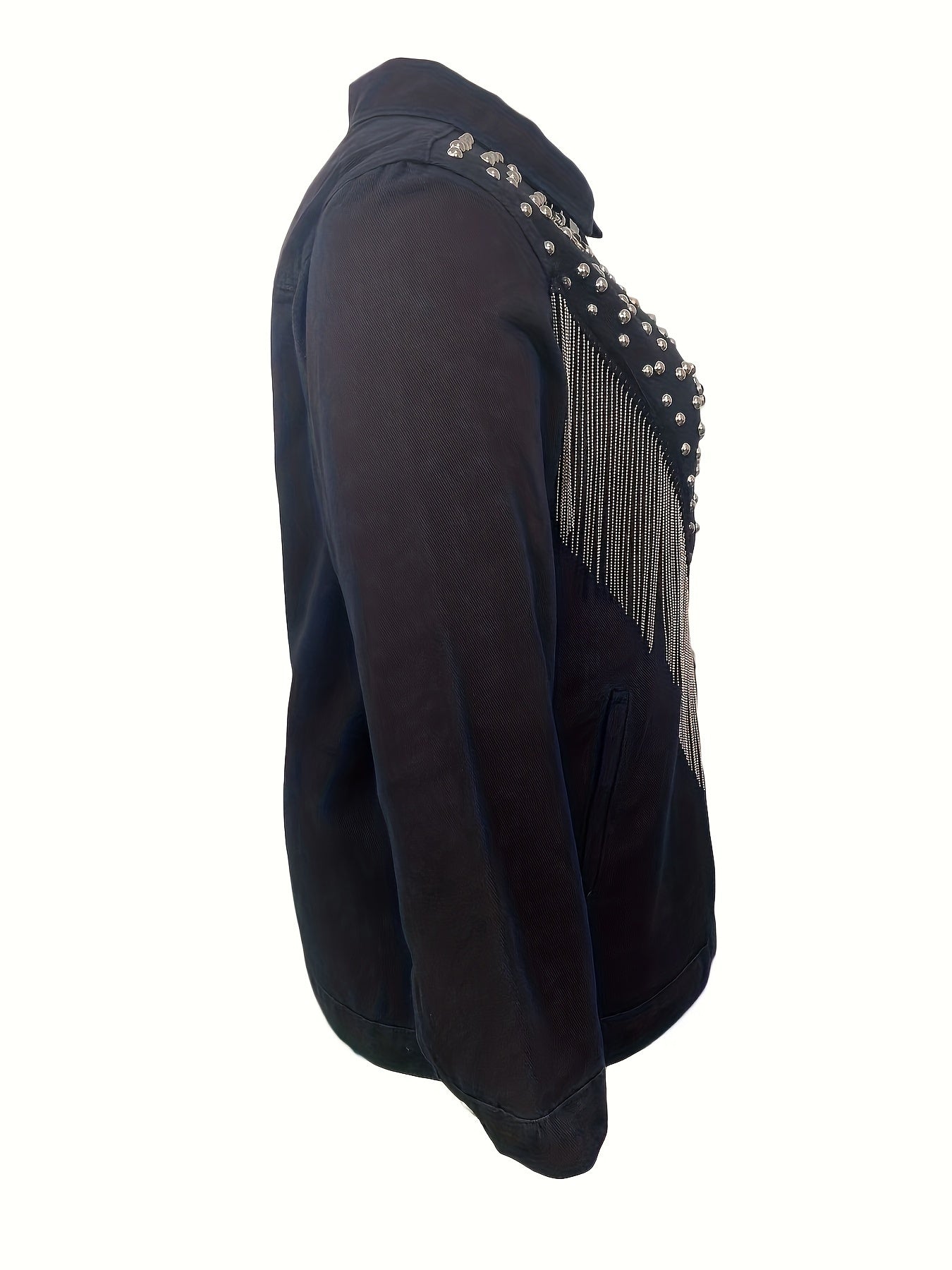 Punk Denim Jacket with Studded Detail and Fringe Trim