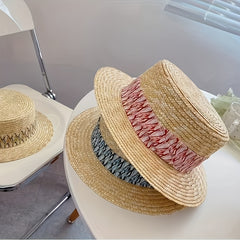 Wheat Straw Flat Top Straw Hat Men Women Vacation Floral Patched Top Hat