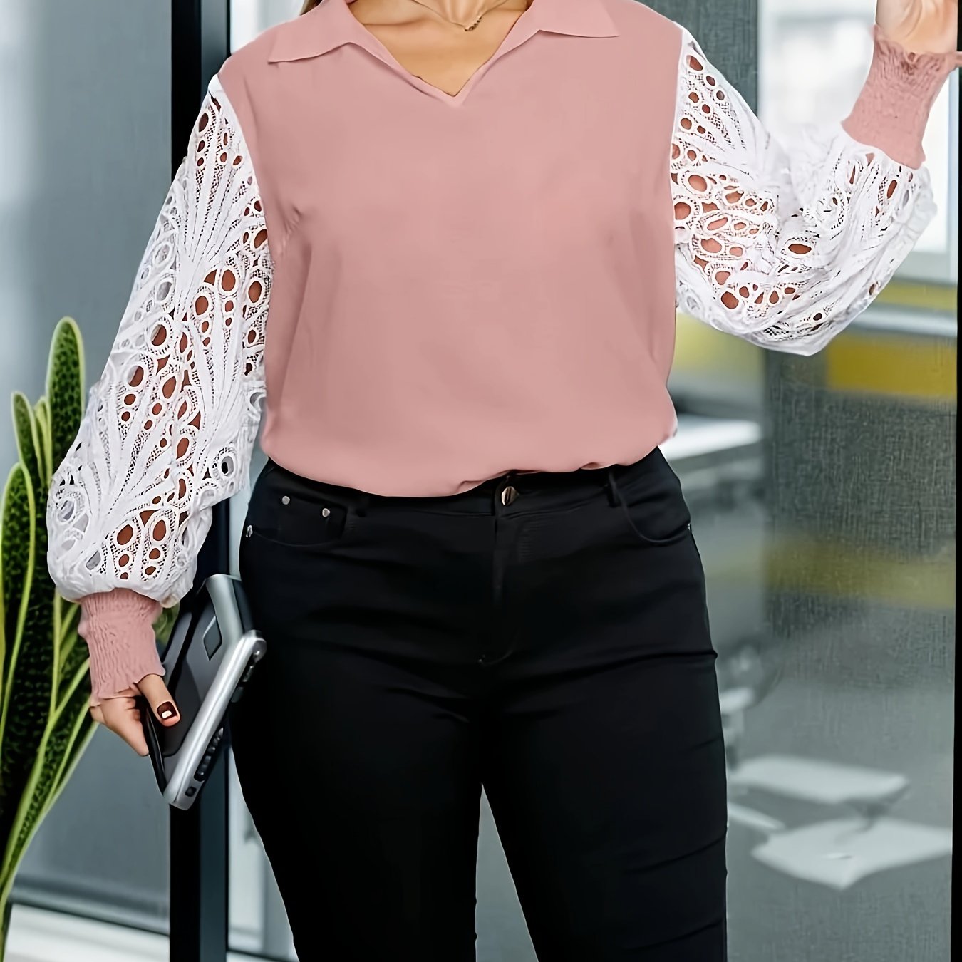 Casual Blouse Women's Plus Colorblock Contrast Lace Lantern Sleeve