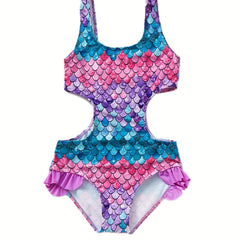 Girls Swimsuit Gradient Fish Scale Graphic Quick Dry Halter Sleeveless Swimwear