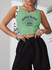Letter Print Crop Tank Top Sleeveless Summer Casual Crew Neck Women's Top