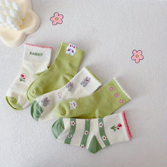 5 Pairs Cartoon Crew Socks for Girls, All Seasons Boneless Children's Socks