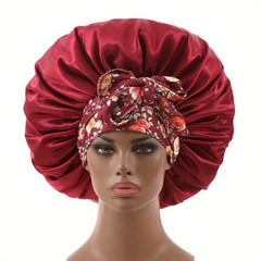Satin Bonnet Flower Printed Lace Up Wide Headband Hair Bonnet