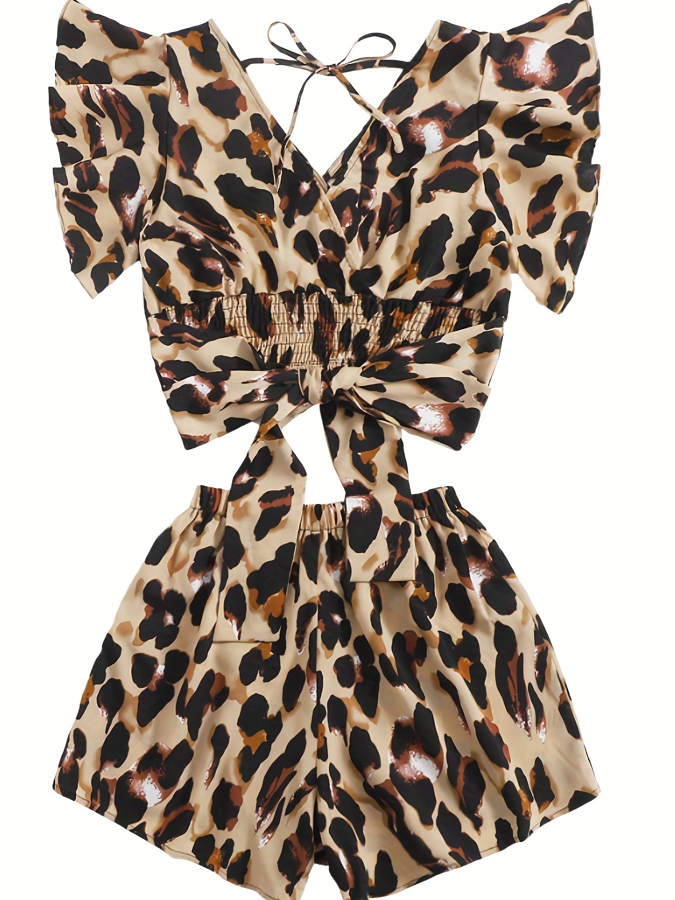 Leopard Print Two piece Set Ruffle Trim Tie Back Tops & Elastic Waist Sho