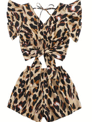 Leopard Print Two piece Set Ruffle Trim Tie Back Tops & Elastic Waist Sho