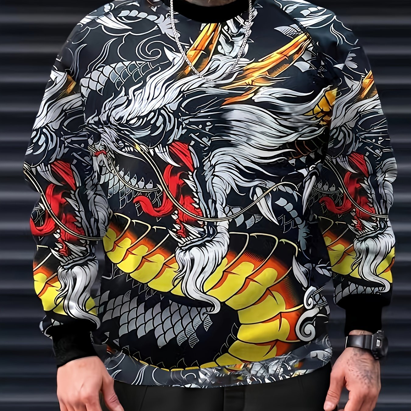 Dragon Print Crew Neck Sweatshirt Men's Casual Pullover Sweatshirt