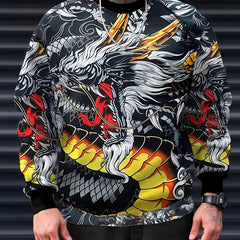 Dragon Print Crew Neck Sweatshirt Men's Casual Pullover Sweatshirt
