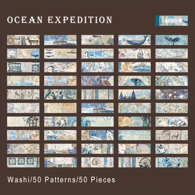 50pcs Vintage Washi Stickers Book Floral Travel Ocean Adventure Stickers