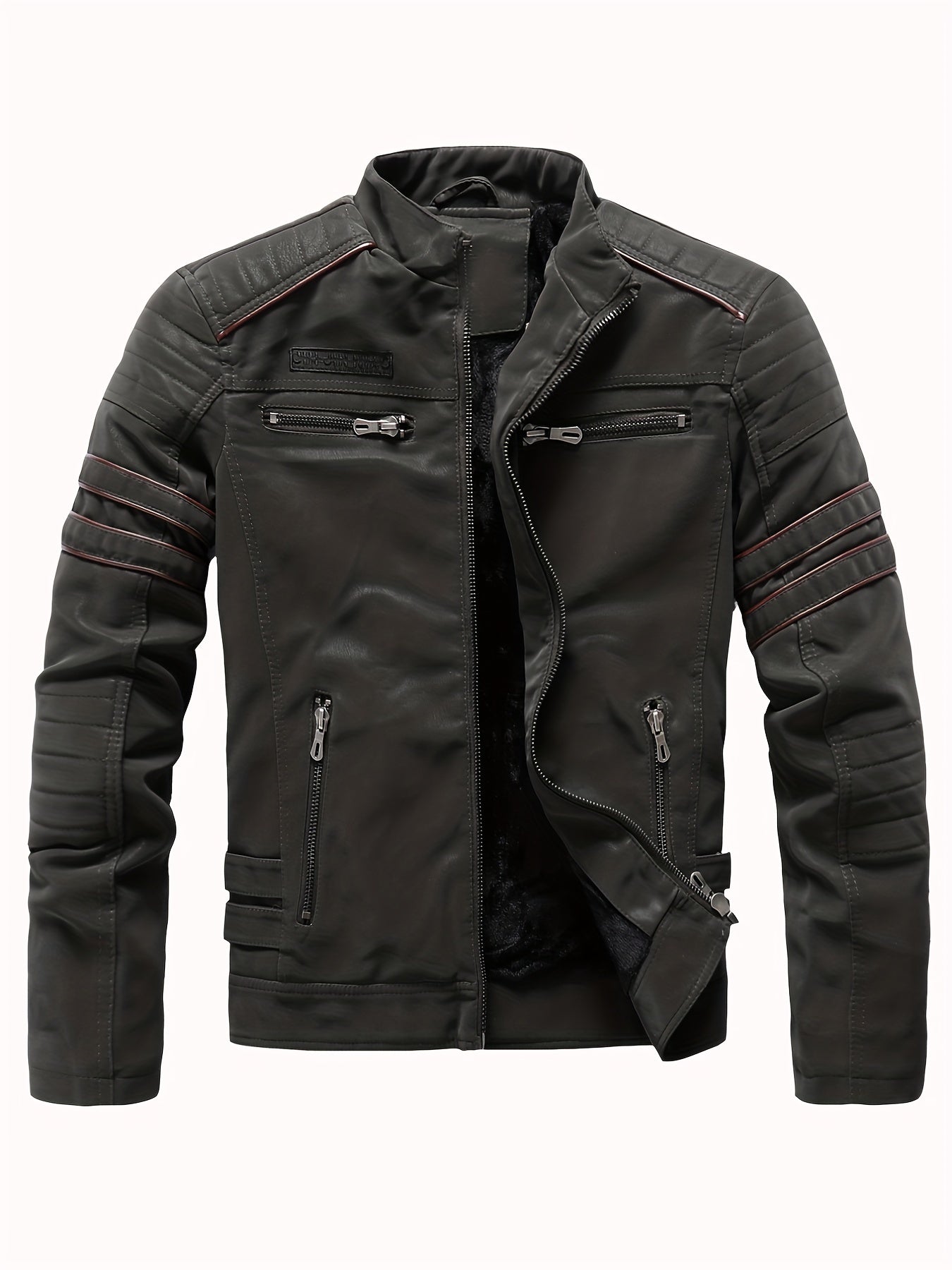 Men's Fleece Biker Jacket PU Leather Zip Up Stand Collar