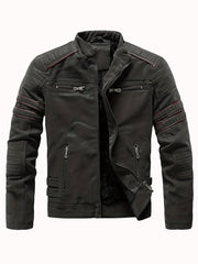 Men's Fleece Biker Jacket PU Leather Zip Up Stand Collar