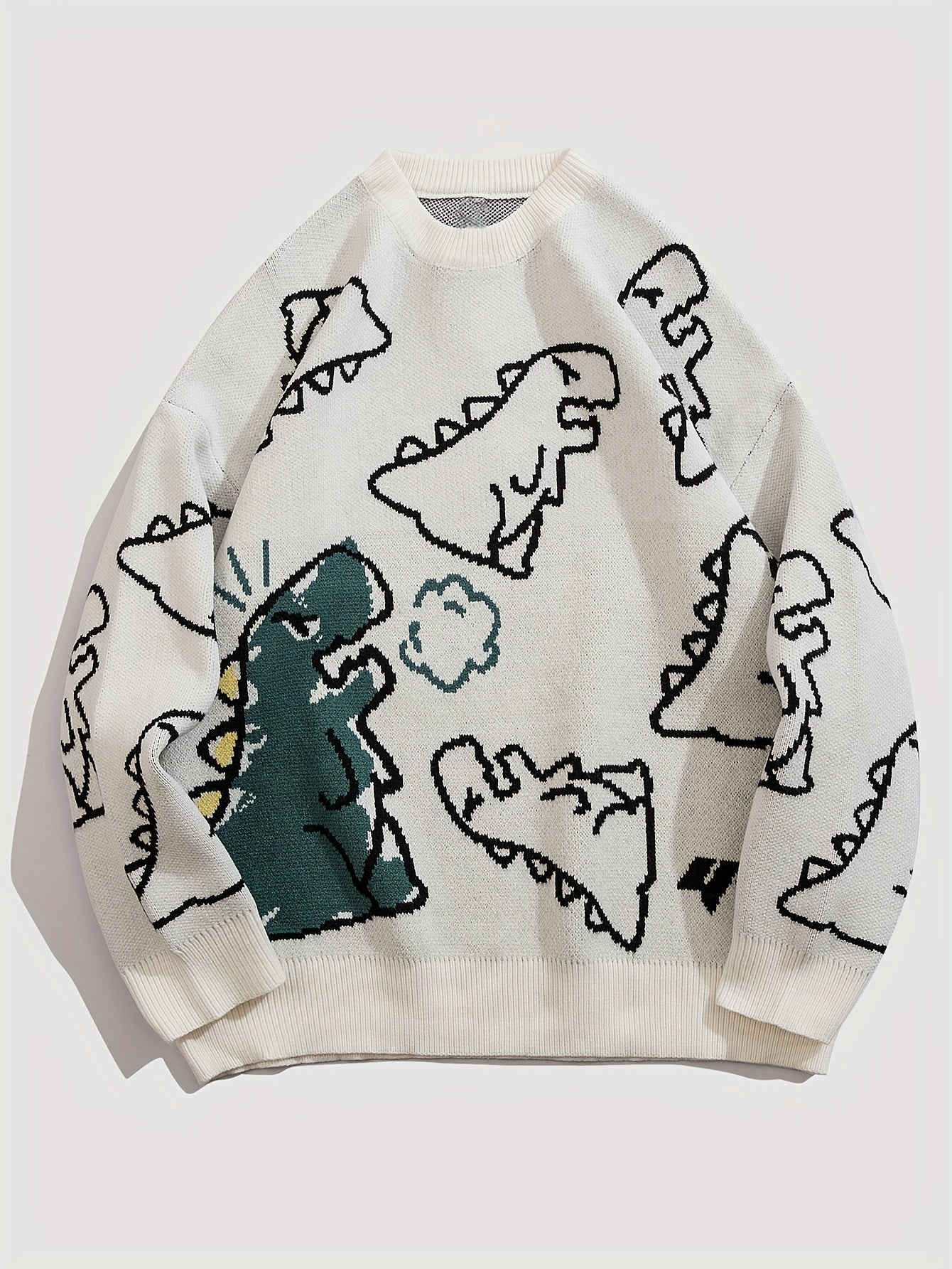 Dinosaur Pattern Knitted Sweater Men's Casual Warm Round Neck Pullover