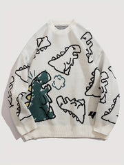 Dinosaur Pattern Knitted Sweater Men's Casual Warm Round Neck Pullover