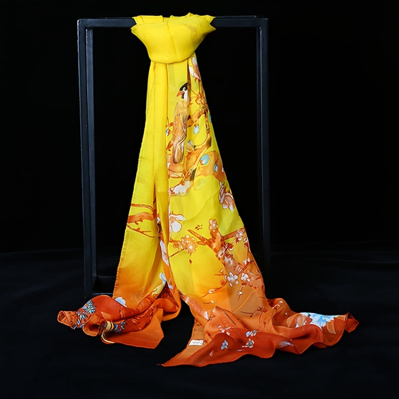 Flowers Birds Chiffon Scarf Sun Protection for Women