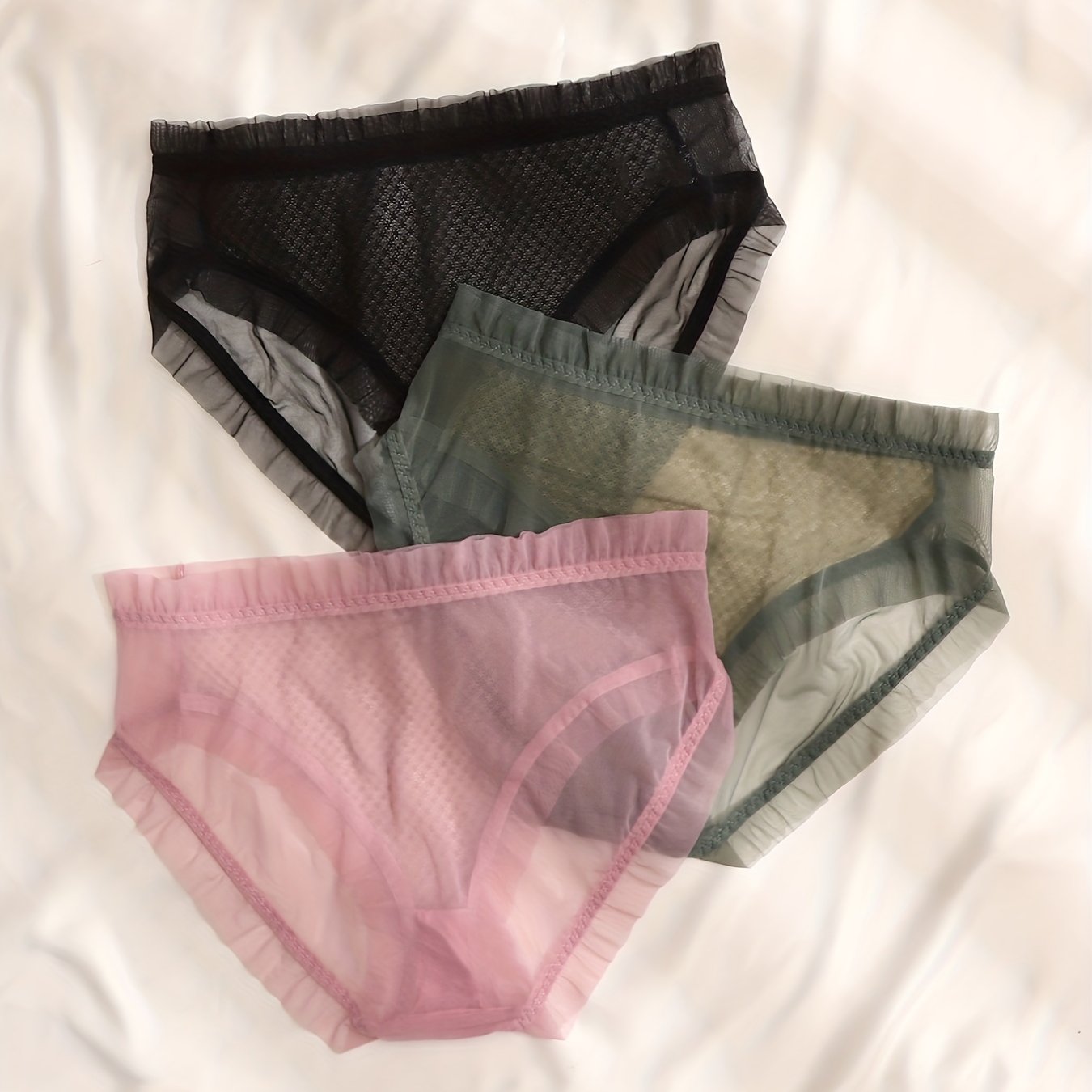 3 Pack Plus Size Sexy Panties Set Women's Plus Mesh Floral Trim Underwear