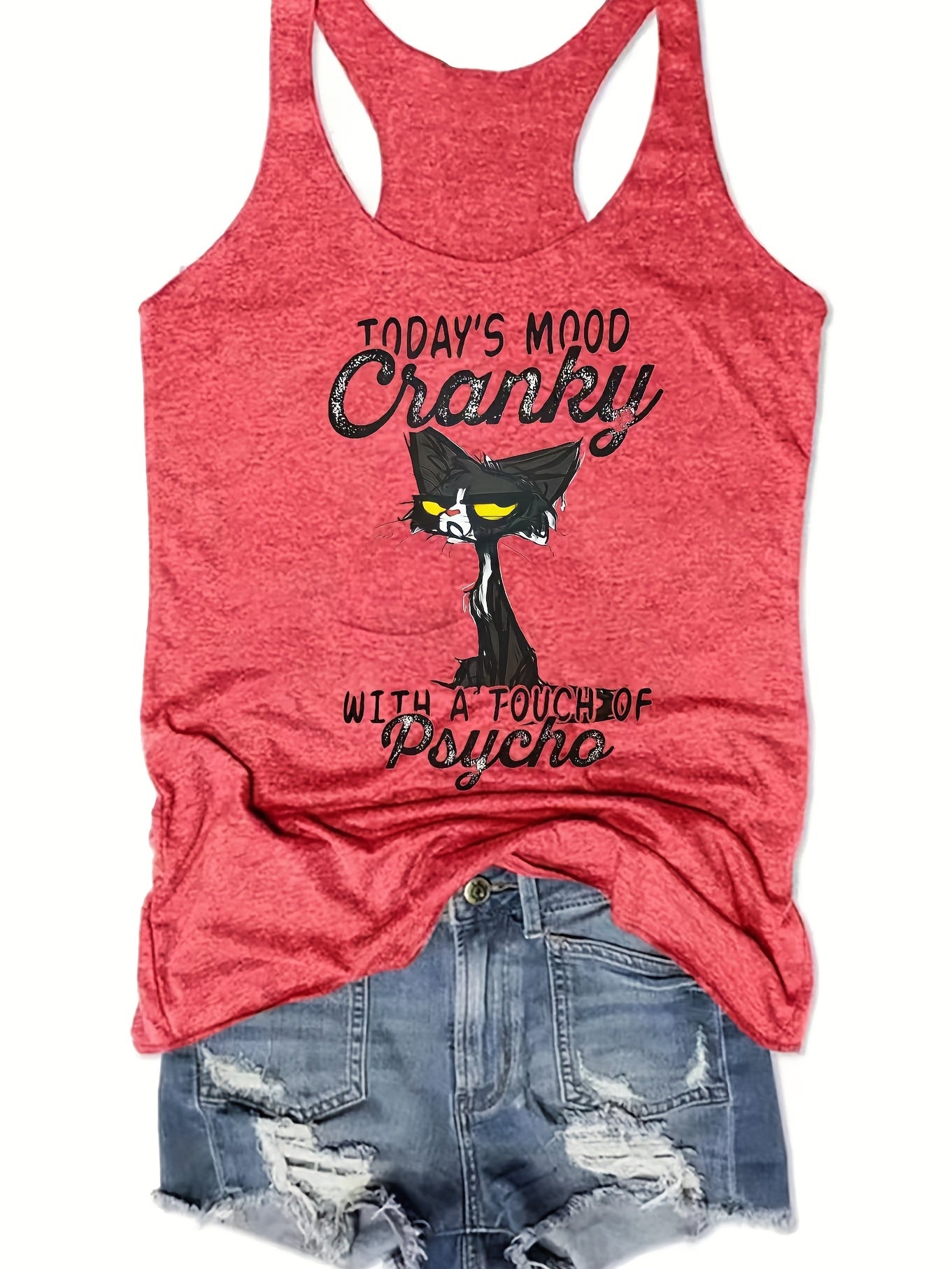 Cat & Letter Print Tank Top for Summer Women