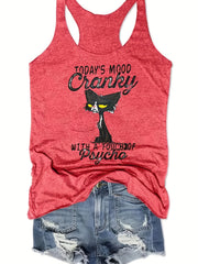 Cat & Letter Print Tank Top for Summer Women