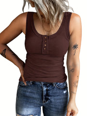 Ribbed Button Front Tank Top Sleeveless Crew Neck Casual Summer Women's Clothing