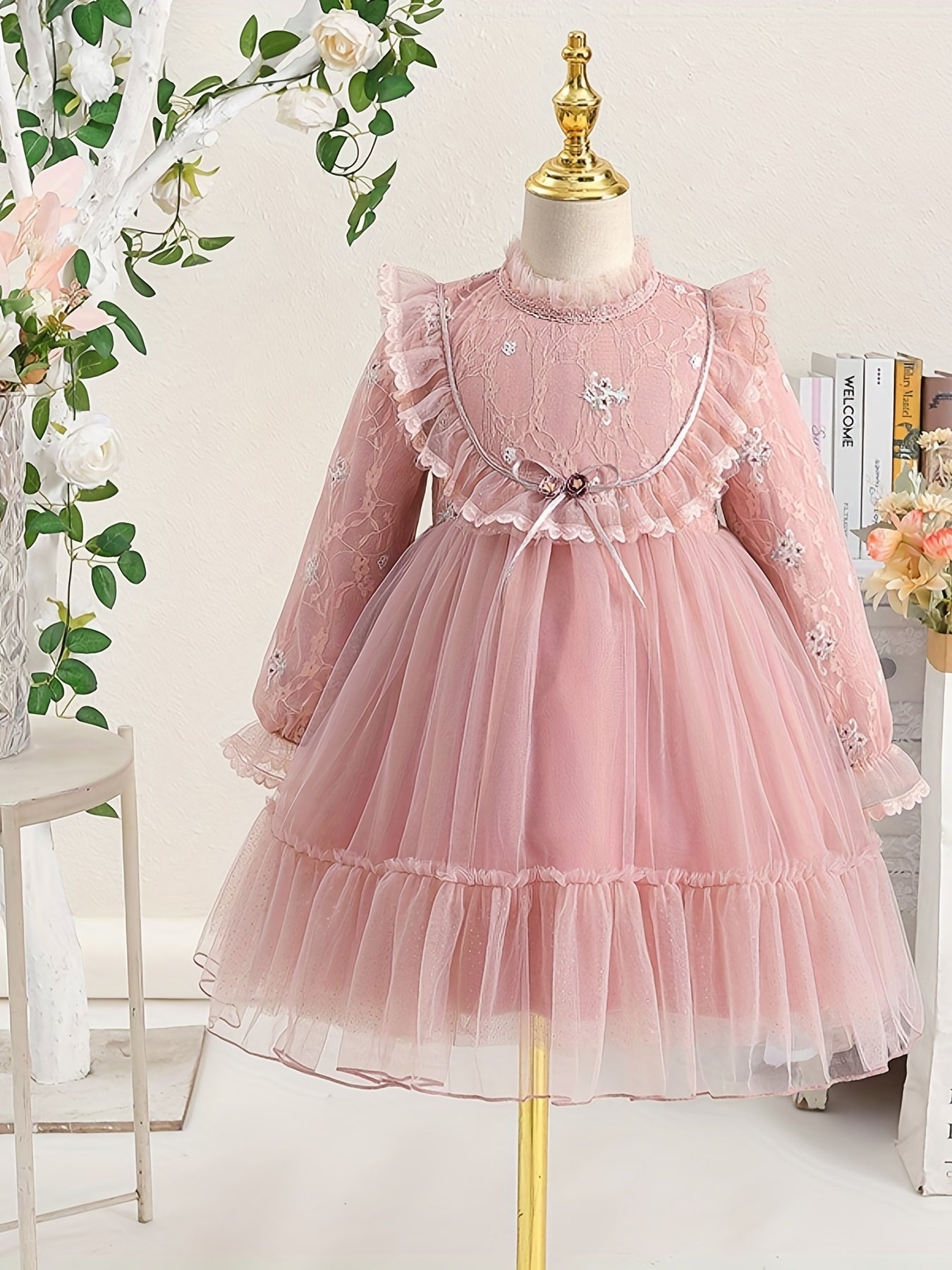 Girls' Lace Embroidered Princess Dress with Tulle