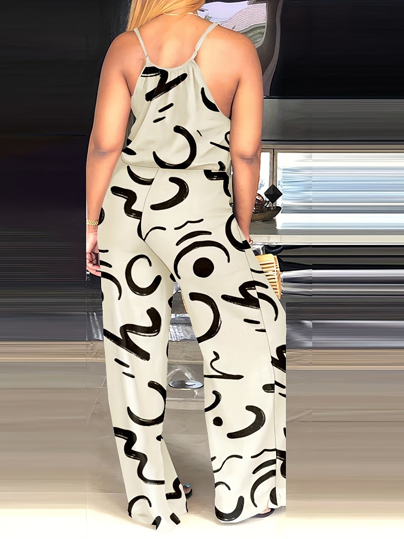 Abstract Print Spaghetti Strap Jumpsuit Casual Drawstring Wide Leg Jumpsuit