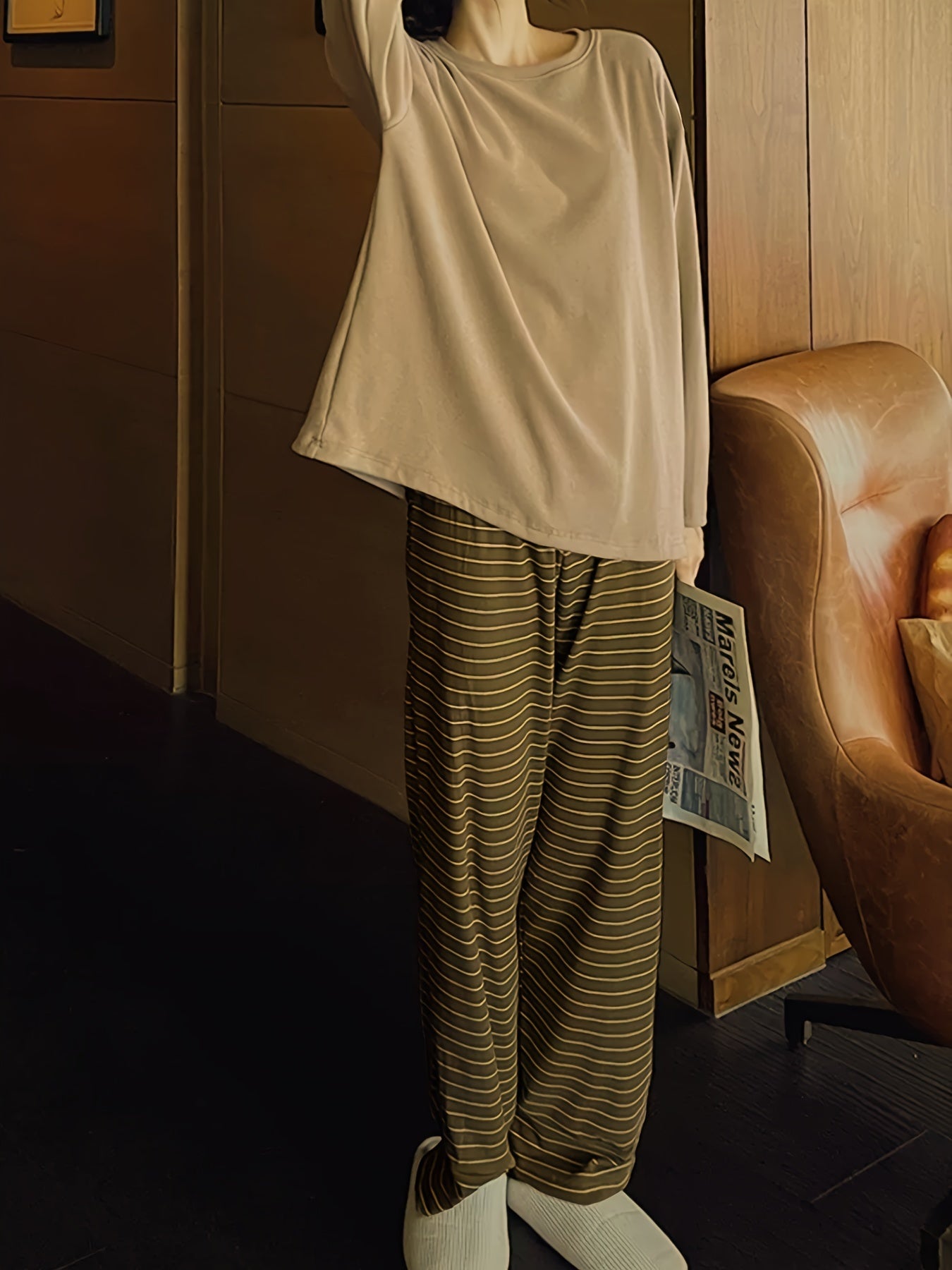 Striped Print Pajama Set Long Sleeve Crew Neck Top & Pants