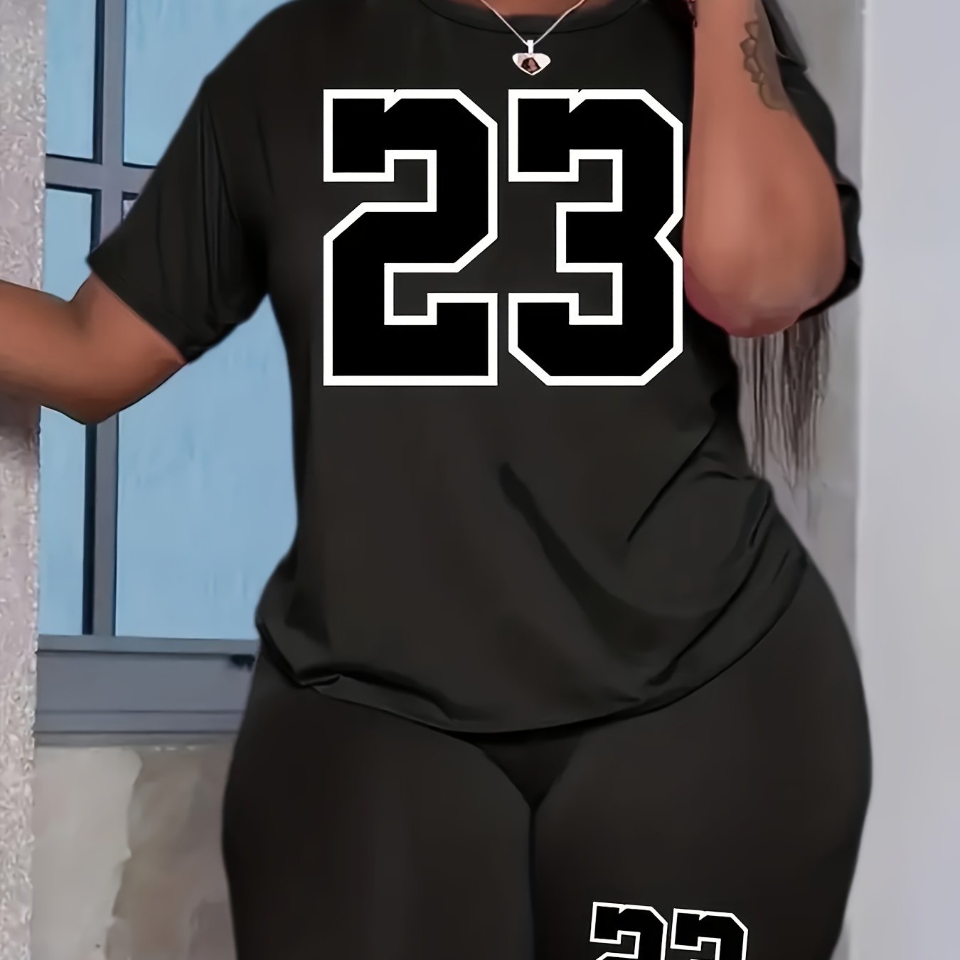 Number Print Short Sleeve Tee & Biker Shorts Pajama Set