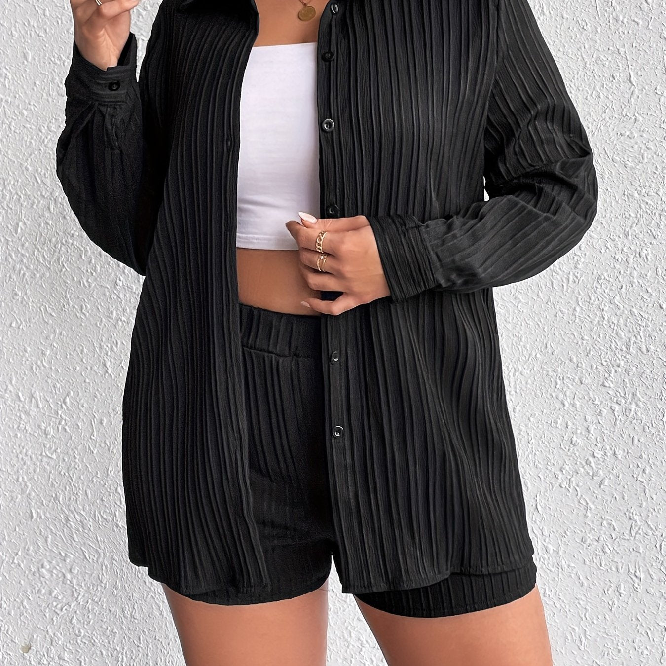 Solid Ribbed Button Up Blouse & Shorts Set