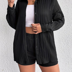 Solid Ribbed Button Up Blouse & Shorts Set