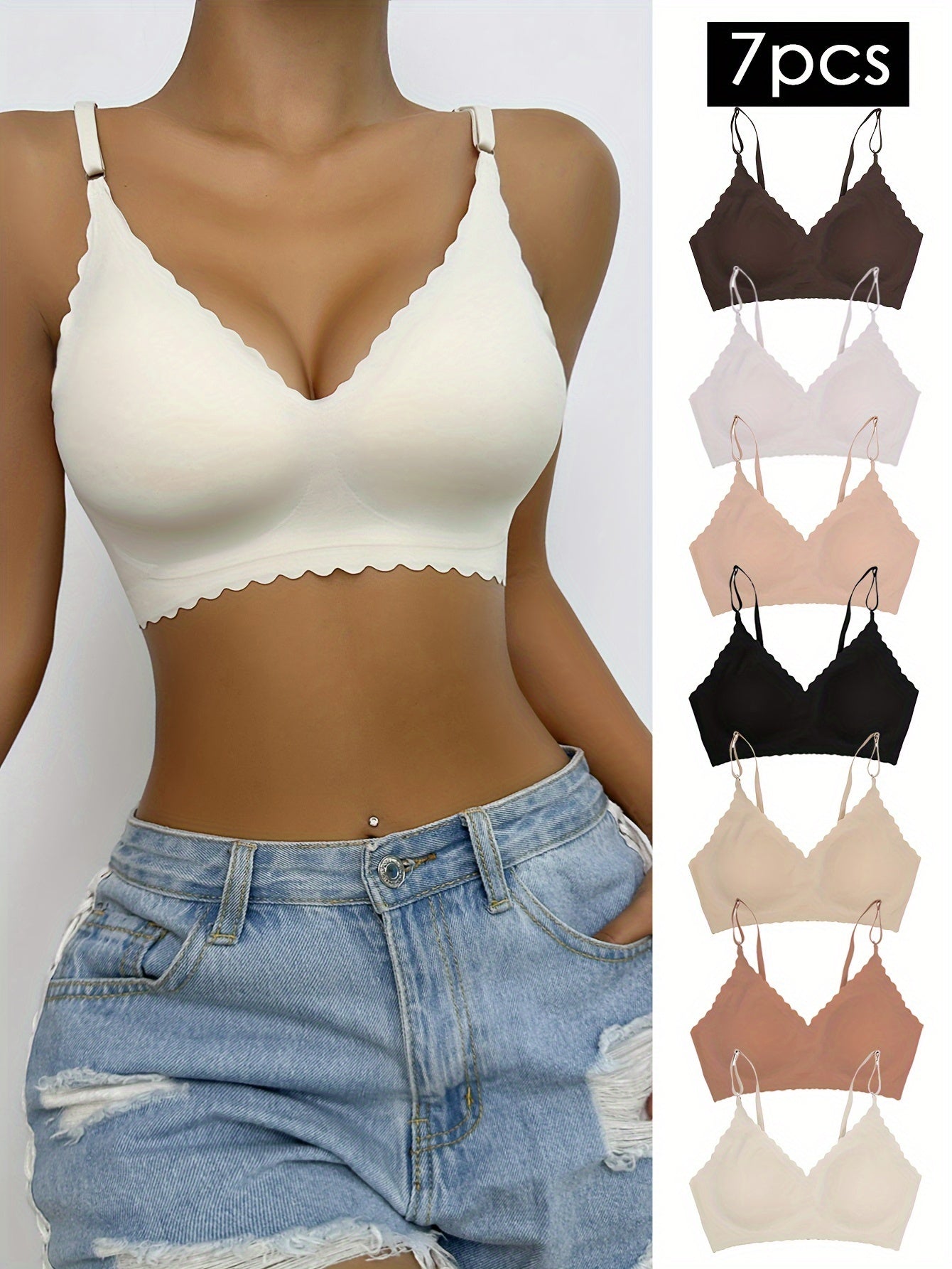 7pcs Solid Push Up Bra Comfy Removable Padded Seamless Anti-sagging Bra