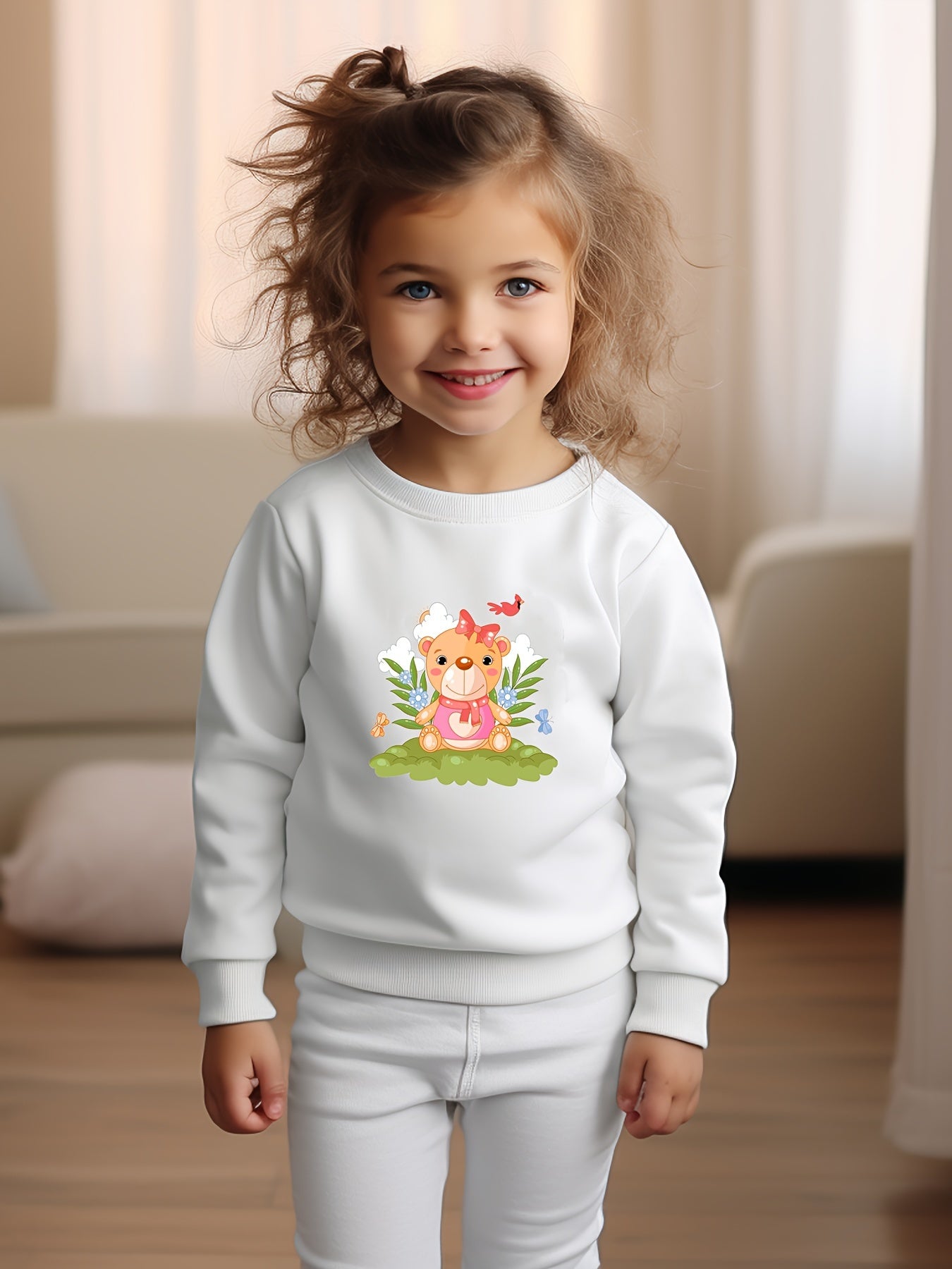 Bear Doll Print Girls Pullover Sweatshirt Long Sleeve Crew Neck Tops