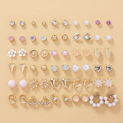 30 Pairs Faux Pearl Leaf Moon Pattern Zircon Earrings Set for Women Girls