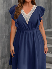 Colorblock Lace Ruffle Sleeve V Neck Dress