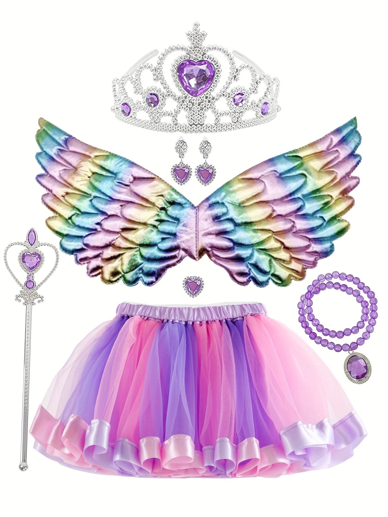 7pc Girls Dress Up Costume Set Rainbow Wings Crown Wand Accessories
