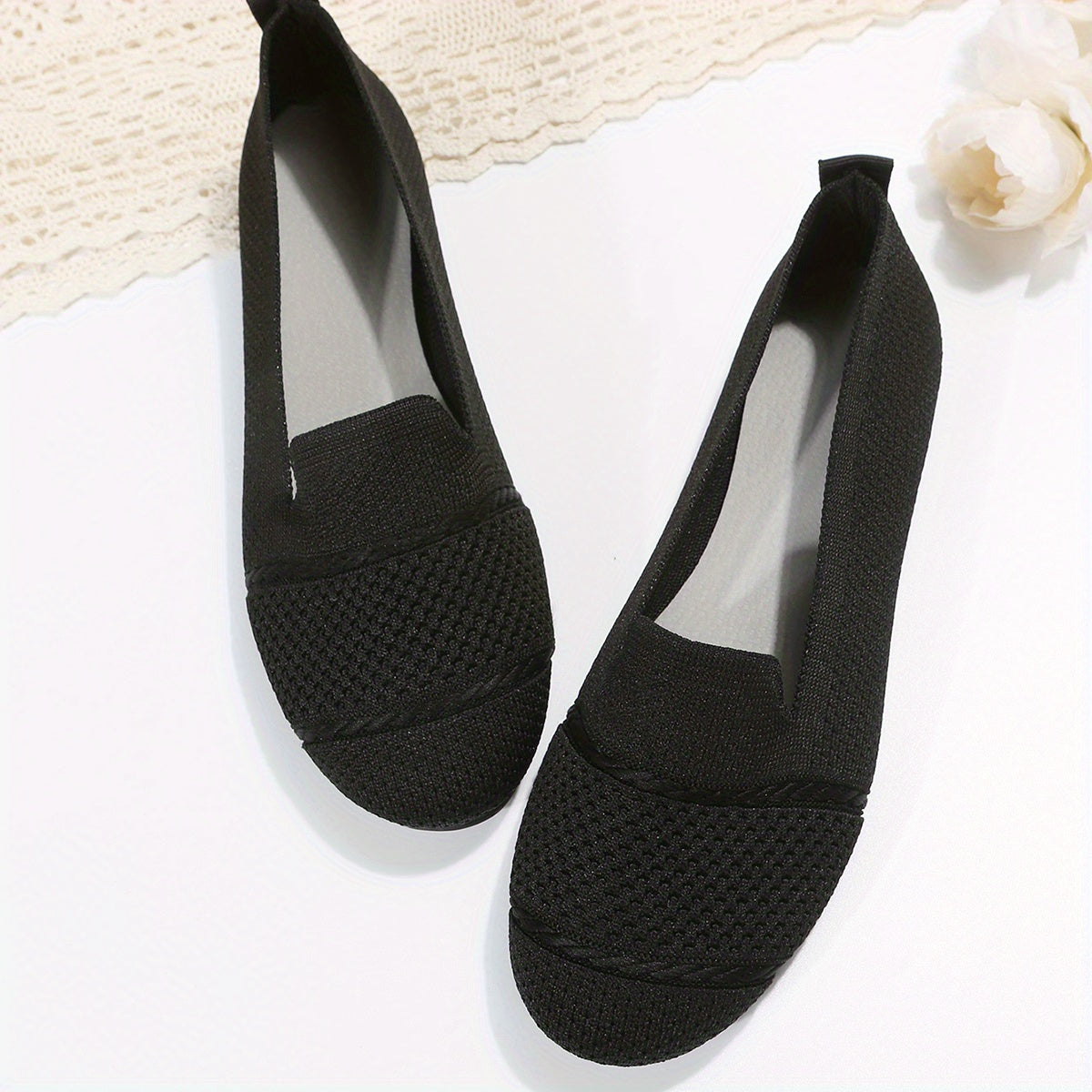 Women's Knitted Ballet Flats Soft Sole Slip On Shoes Almond Toe