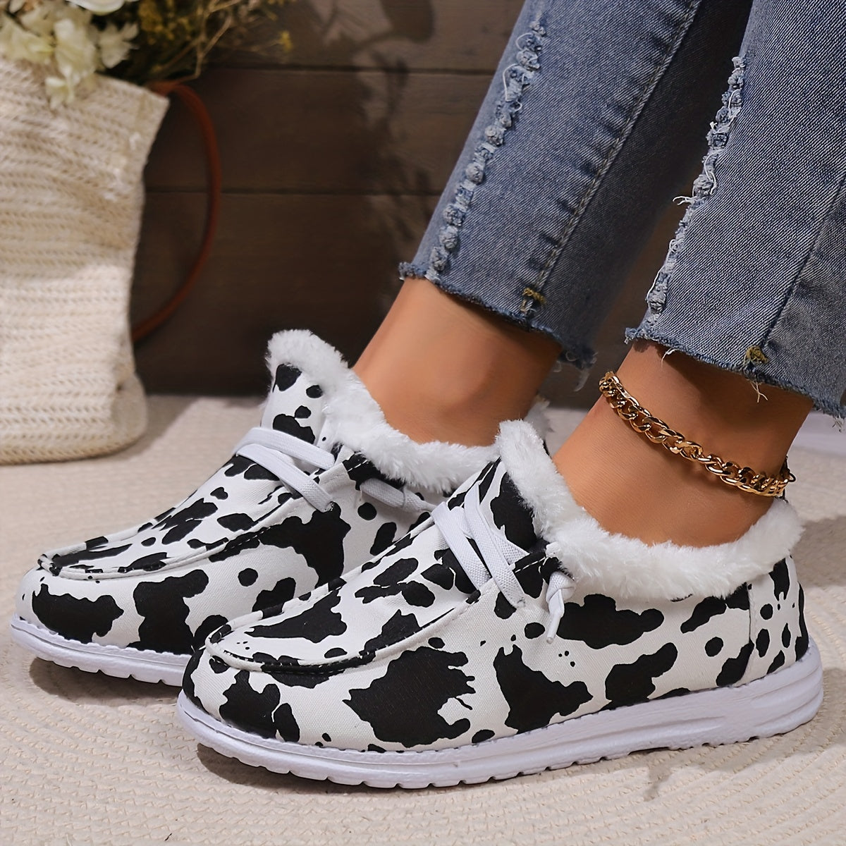 Cow Print Plush Lined Furry Flat Lightweight Skate Shoes