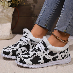 Cow Print Plush Lined Flat Skate Shoes Fall Winter Keep Warm