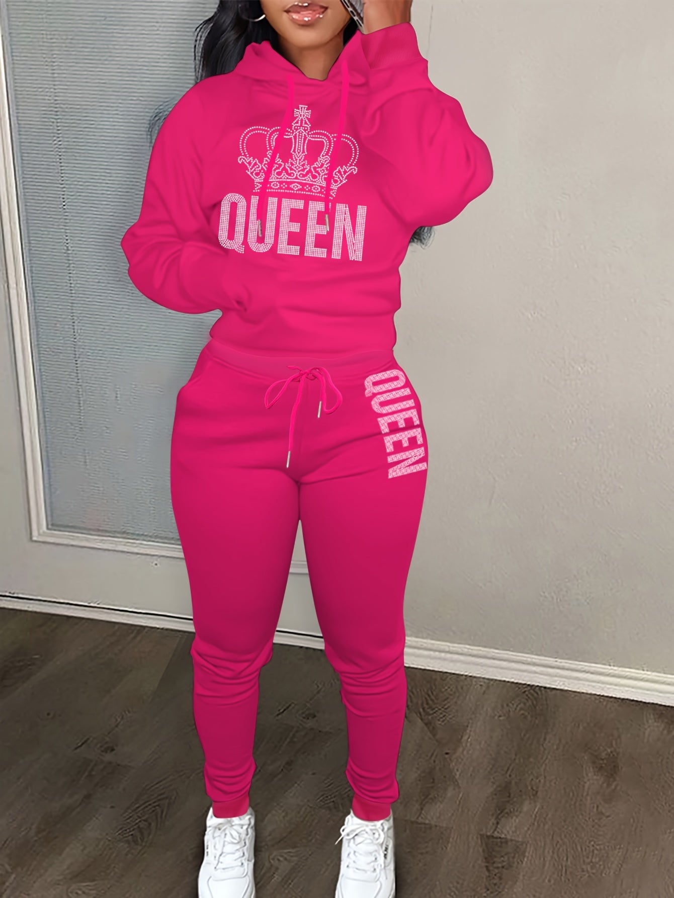 Women's Plus Crown & Letter Print Hoodie & Joggers Outfit Set