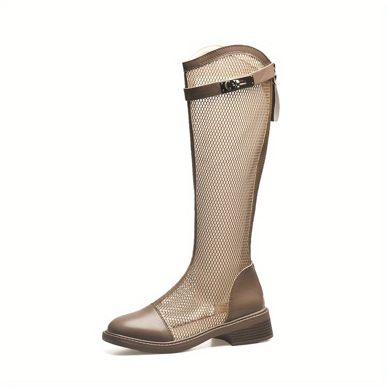 Women's Mesh Long Boots Round Toe Zipper Buckle Chunky Heel Boots