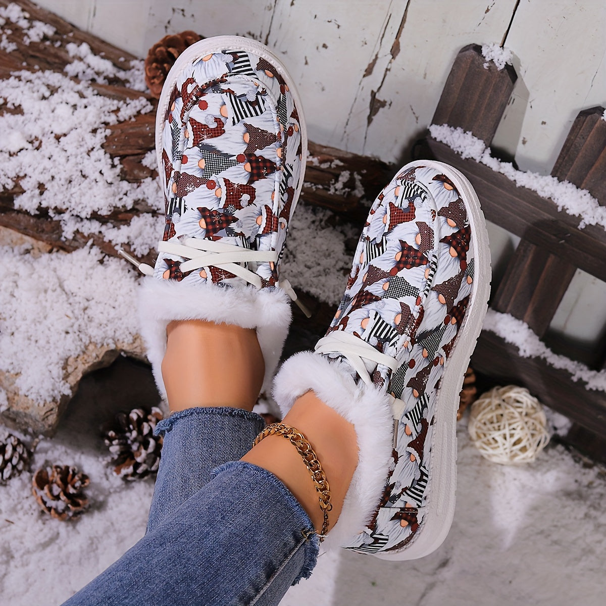 Christmas Style Snow Boots Santa Claus Pattern Plush Comfort Flats